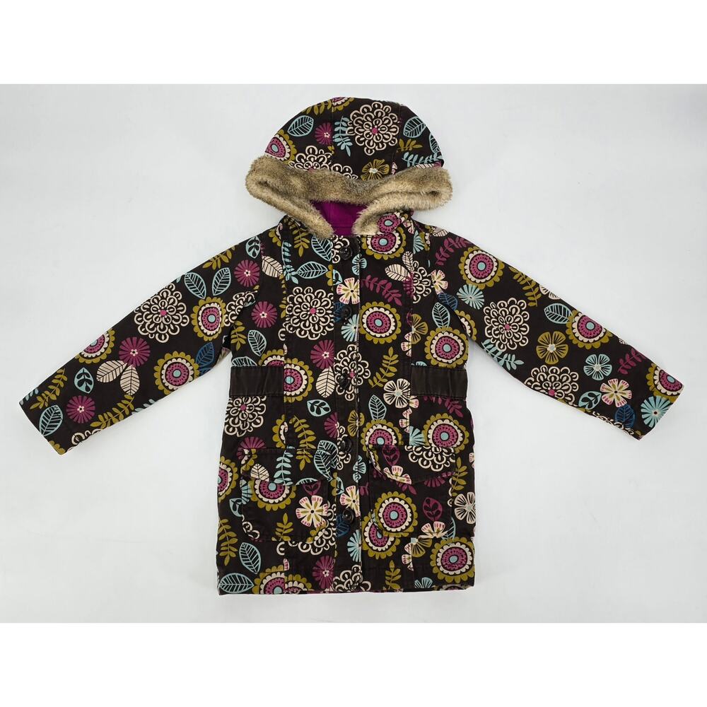 Late Y2K Era Old Navy Girls 4T Floral Winter Coat (2010) –‎ Faux Fur Hood